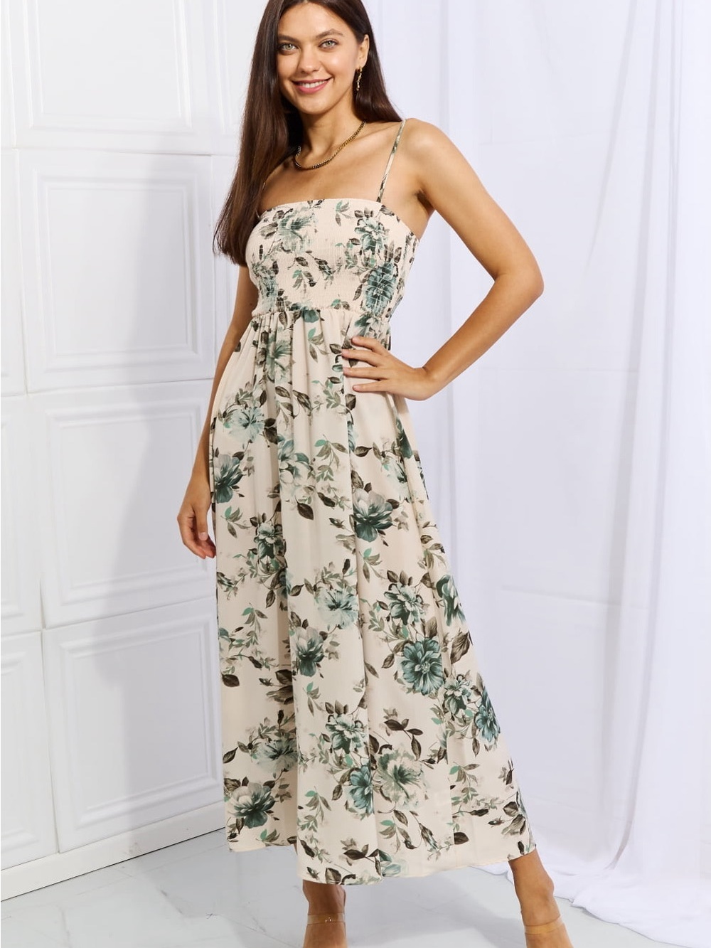 Floral Smocked Maxi Dress - White with Green Floral